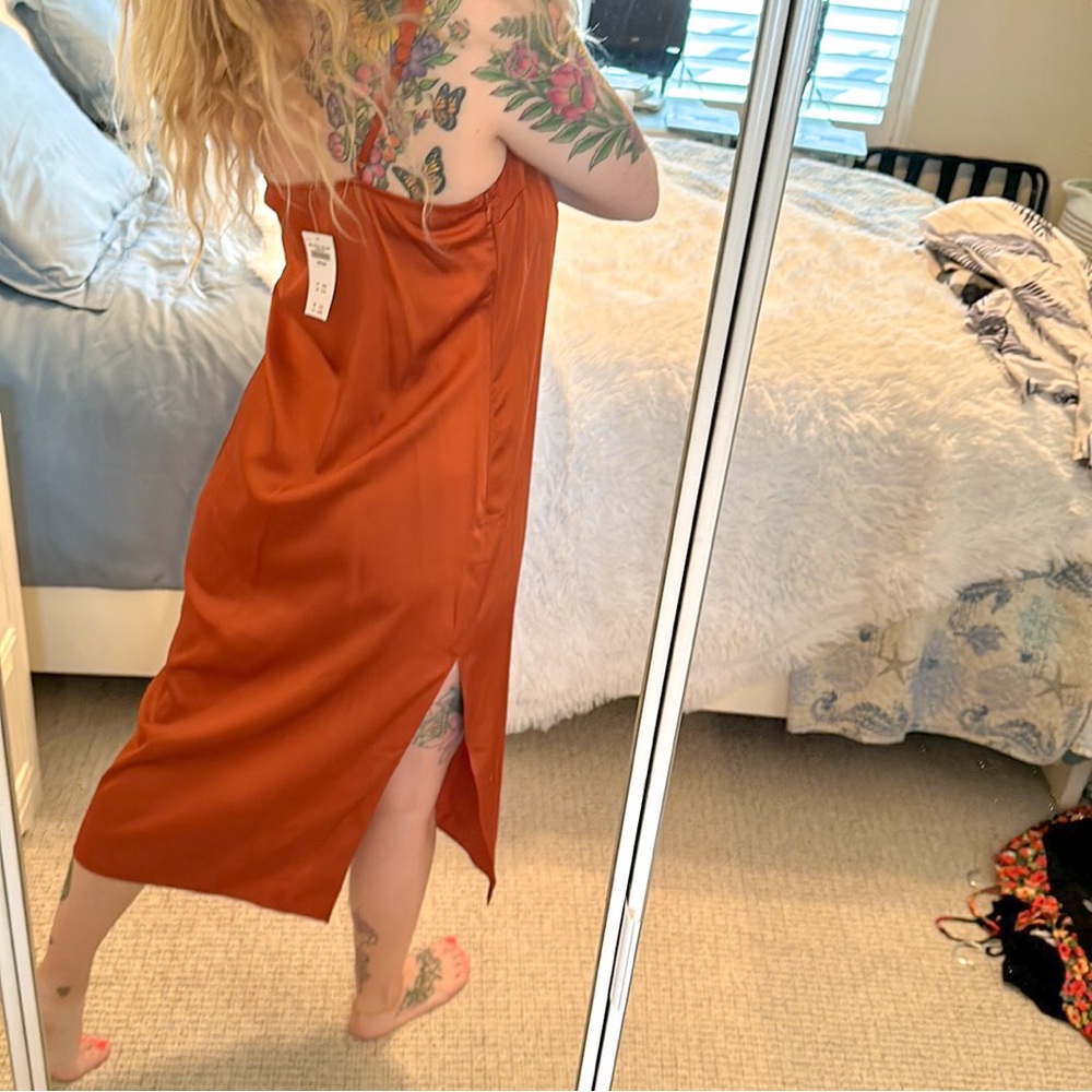 Abercrombie & Fitch | Satin Slip Midi Dress Burnt Orange – Size M NWT - Picture 3 of 11